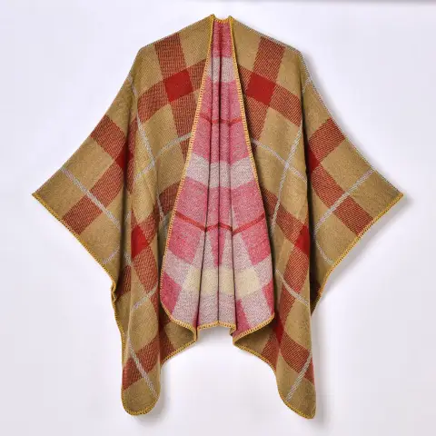 Women's Autumn Winter Color Plaid Shawl Coat