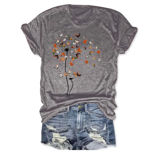 Women's Crew Neck Short Sleeve Rooster Dandelion Art Print Tee Casual Summer Top Gray - Shop at LoveMi