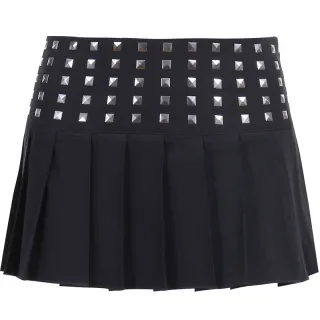 Trendy Studded High Stretch Black Pleated Skirt - Black