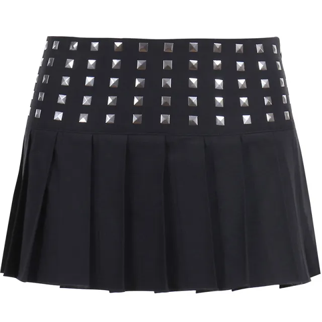 Trendy Studded High Stretch Black Pleated Skirt Black - Shop at LoveMi
