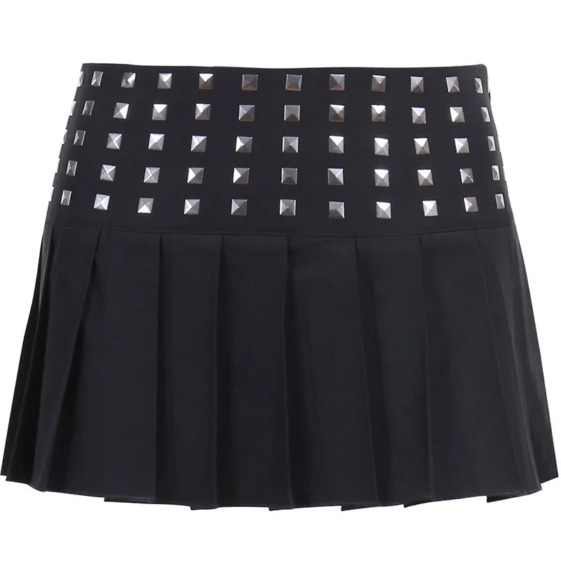 Trendy Studded High Stretch Black Pleated Skirt - Black