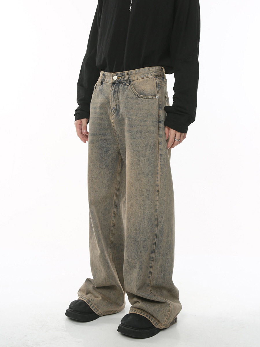 Men's Distressed Hong Kong Style Retro Loose Wide-leg Ins Denim Trousers