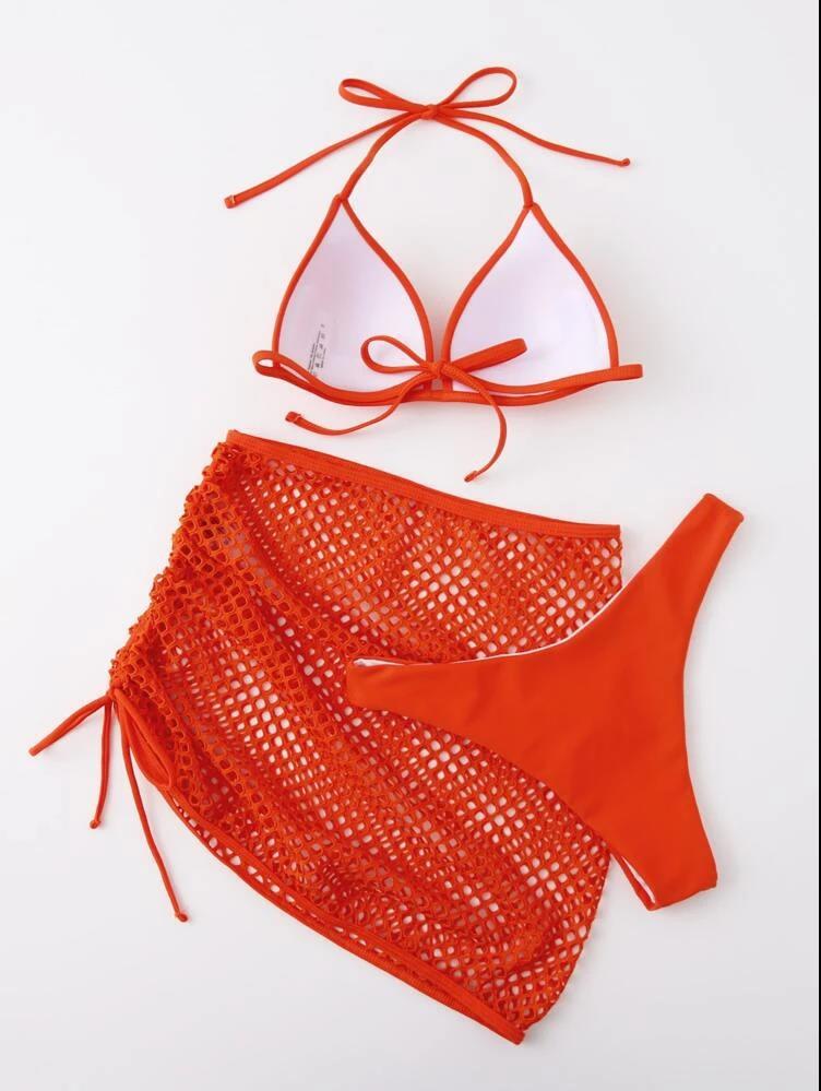 European And American Solid Color Three-piece Mesh Women's Swimsuit - Image 5