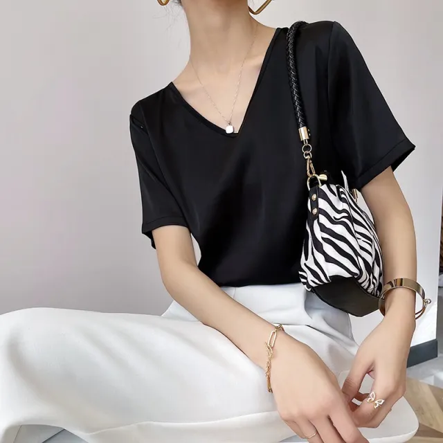 Short Sleeve Loose V neck Satin Bottoming Solid Color Inner Wear Suit Top Elegant Black - Shop at LoveMi