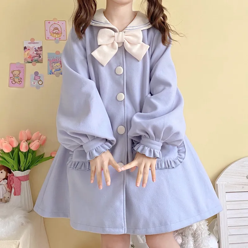 Woolen Navy Collar Soft Girl Coat Trench Coat Autumn And Winter - Blue