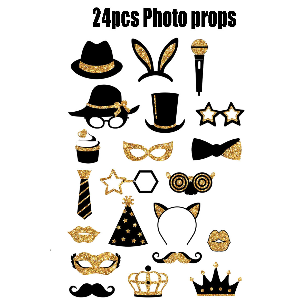24-piece Birthday Party Photo Prop Set, Including Mustaches, Glasses, Hats, Wigs, And Crowns - Gold And Black Theme, Suitable For 40th, 50th, 60th Weddings, Graduations, Birthday Decorations, Selfie A 4