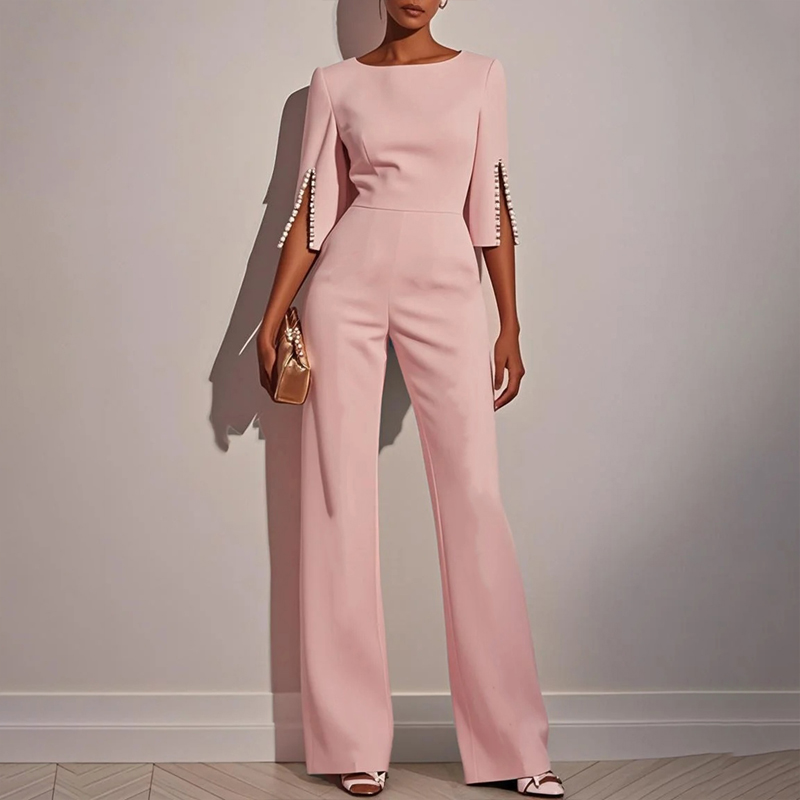 Women's Elegant Round Neck Jumpsuit Mid Sleeve With Side Slit Cuffs & Pearl Accents, Back Zipper Design For Casual To Formal Events Pink - Shop at LoveMi
