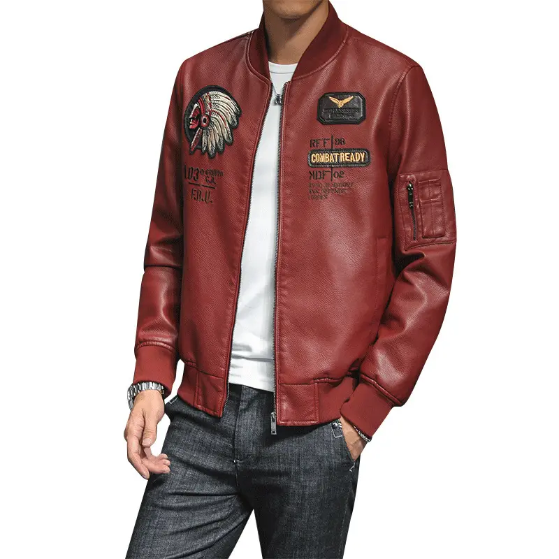 Men's PU Leather Baseball Collar Embroidered Motorcycle