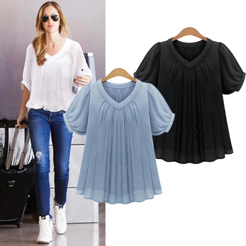 Plus Fat Plus Size Women's Fat Mm200 Kg Thin Chiffon Shirt T-shirt Short-sleeved Women - Black