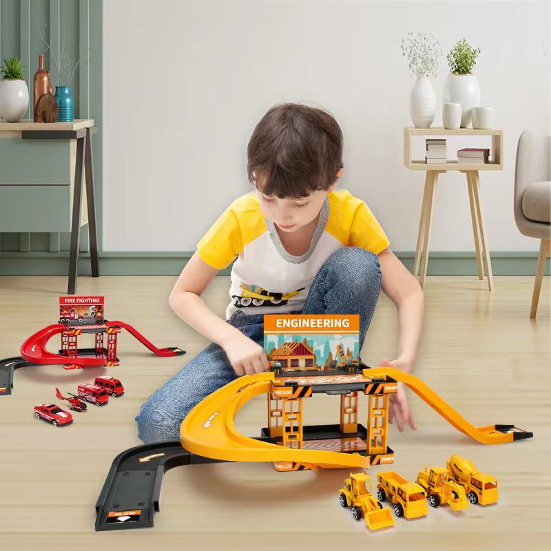 Children's Track Car Sliding Toys, First-floor Track Fire Engineering Vehicle, Dinosaur Parking Lot Toys, House Play Gifts