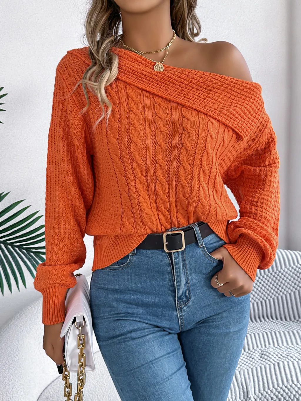 Women Casual Sexy Lapel Off-Shoulder Cable Knit Long Sleeve Pullover Sweater - Orange