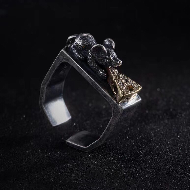 1pcs 990 Sterling Silver Retro Mouse & Cheese Open Ring, Quirky Street Style, For Daily Wear & Casual Outfits 6