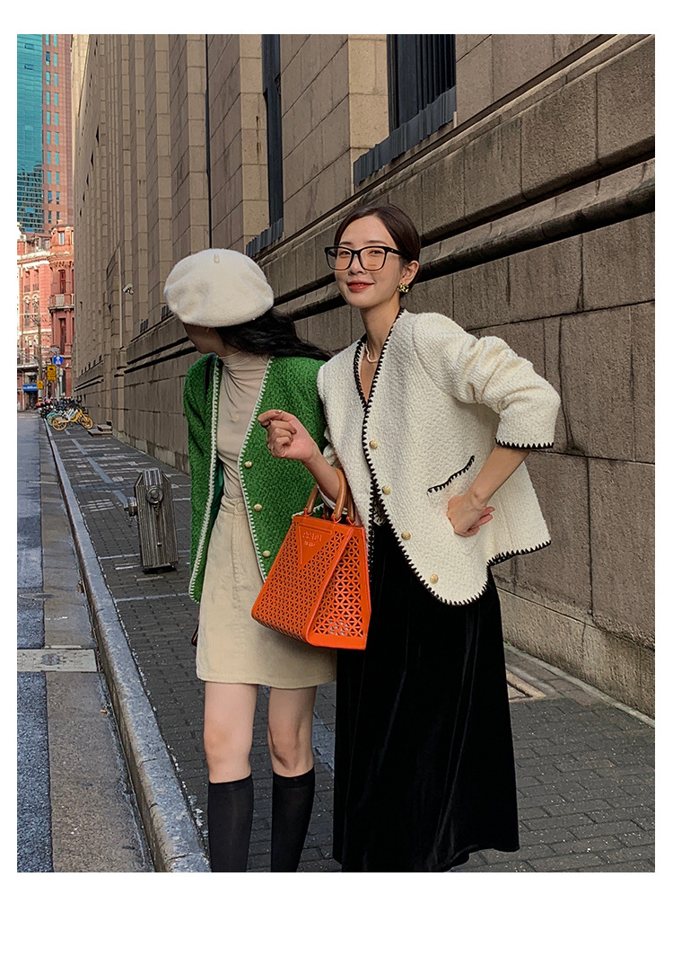 Slim Small Fragrant Wind V Neck Long Sleeved Jacket