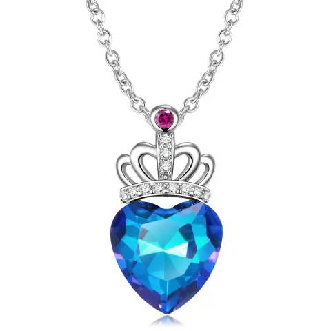 Blue Light Peach Heart Crown Necklace S925 Sterling Silver