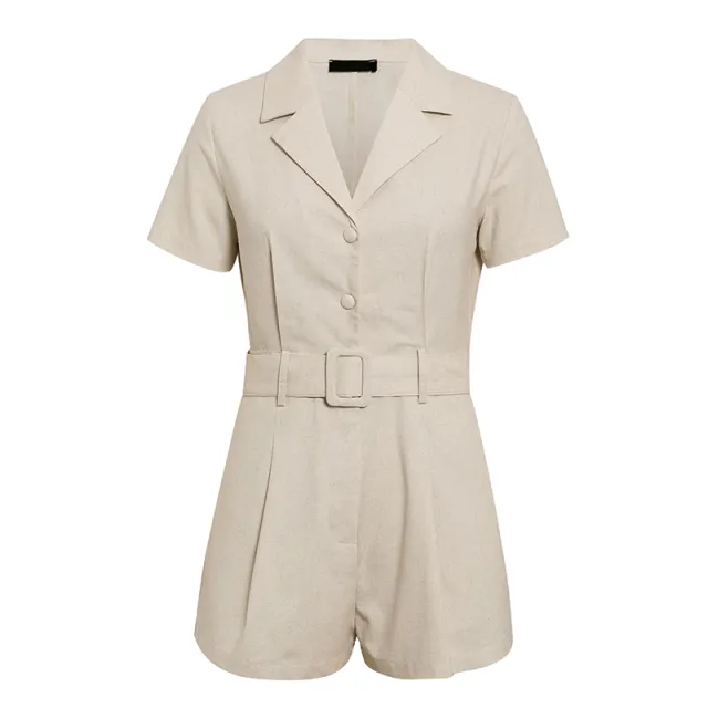 Casual Style Button Short sleeved One piece Suit With Collar And Belt Short Jumpsuit White - Shop at LoveMi