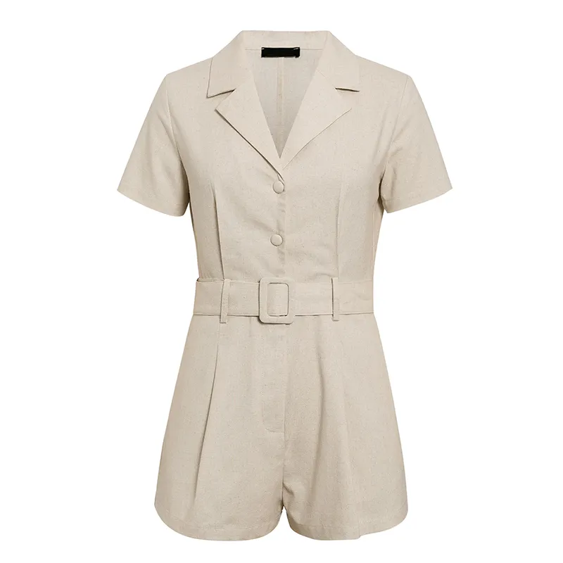 Casual Style Button Short-sleeved One-piece Suit With Collar And Belt Short Jumpsuit - White