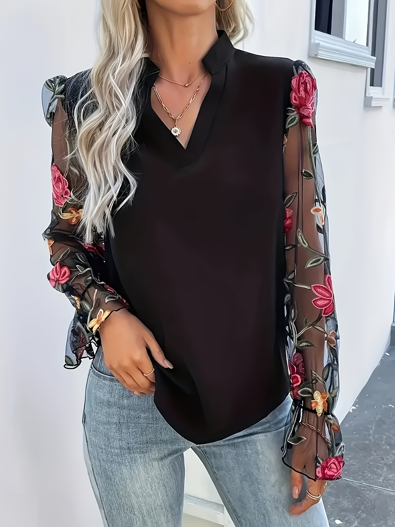 Women Stand Collar Split V Neck Satin Blouse Floral Embroidery Sheer Mesh Flare Long… — image 1