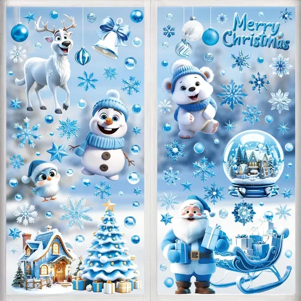 9 Sheets Christmas Window Clings Blue Theme Santa Claus Reindeer Snowman Snowflake Pattern Window Decal Reusable Double Sided Static Stickers For H... 9Sheets - Shop at LoveMi