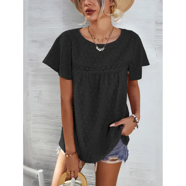 Short Sleeve Summer Tops Blouse Solid Color Lace Babydoll Shirts Black - Shop at LoveMi