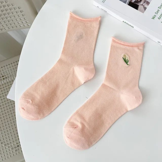 Thin Stacked Socks Macaron Embroidery Pink - Shop at LoveMi