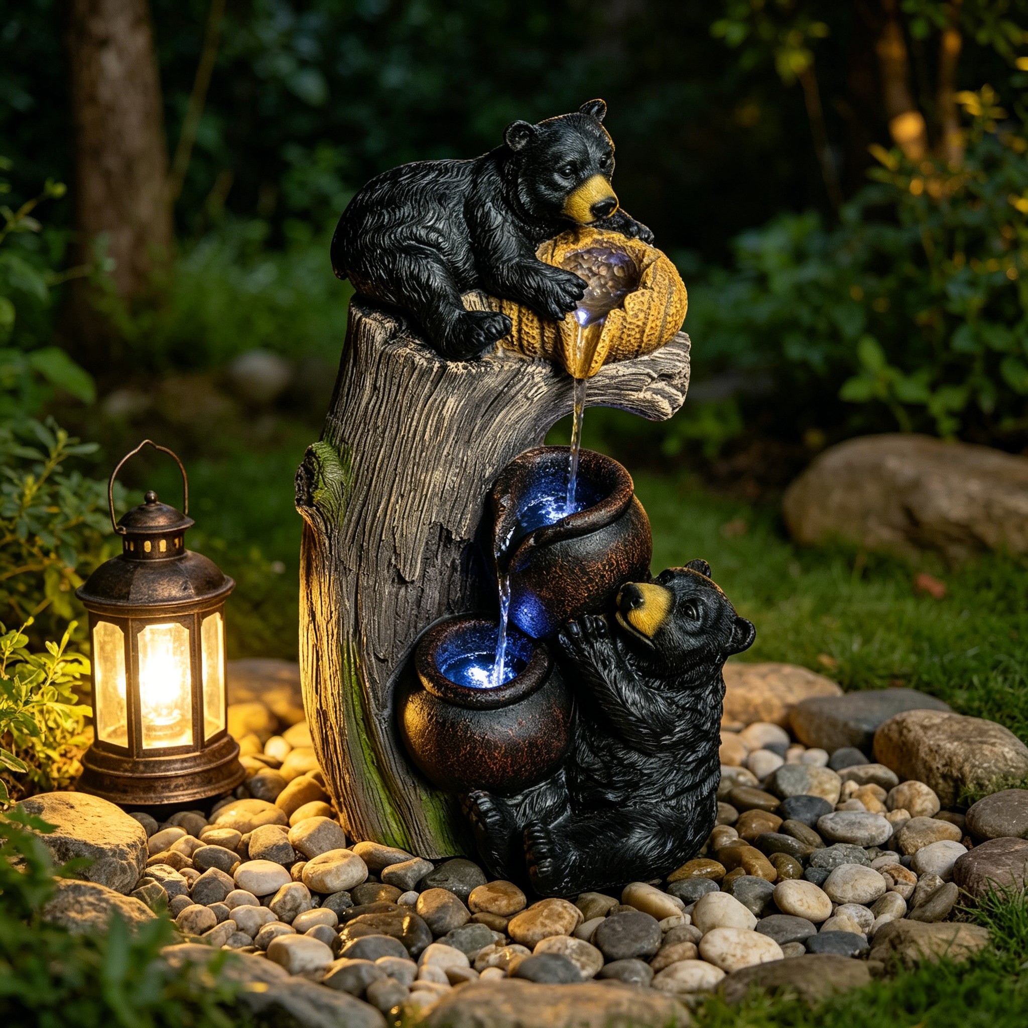 Fontaine d'eau extérieure ours avec lumières LED fontaines en cascade extérieures
