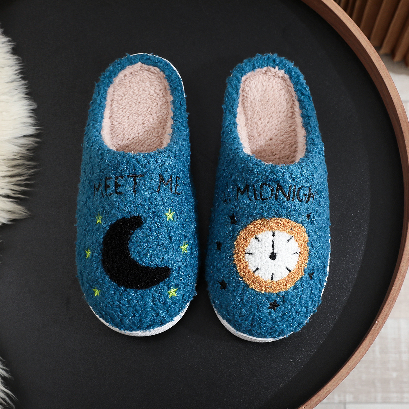 Fashion Moon And Clock Print Home Slippers Winter Warm Floor Bedroom House Shoes For Women Blue - Shop at LoveMi