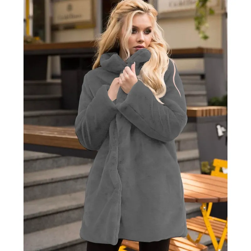 Stand-up Collar Winter Faux Fur Coat Mid-length - Dark Grey