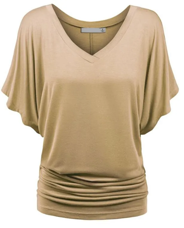 V neck Bat Sleeve Casual Loose Comfortable Top Khaki - Shop at LoveMi