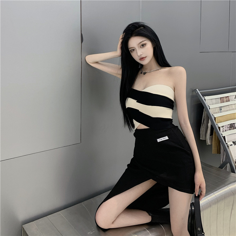 Contrasting Color Irregular Knitted Bottoming Shirt Tube Top Women