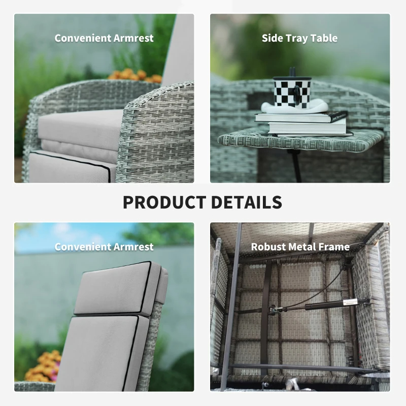 Outdoor Recliner Chair With Cushions, Reclining Patio Lounge Chair With Adjustable Footrest, Armrests, Tray Table, Gray