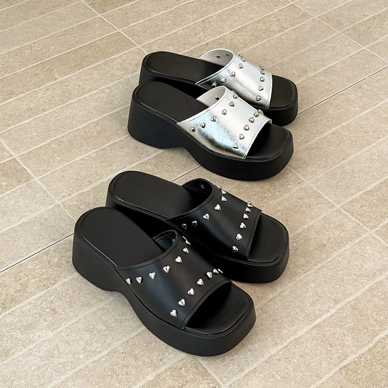 Women's Silver Platform Slide Sandals, Elevated Wedge