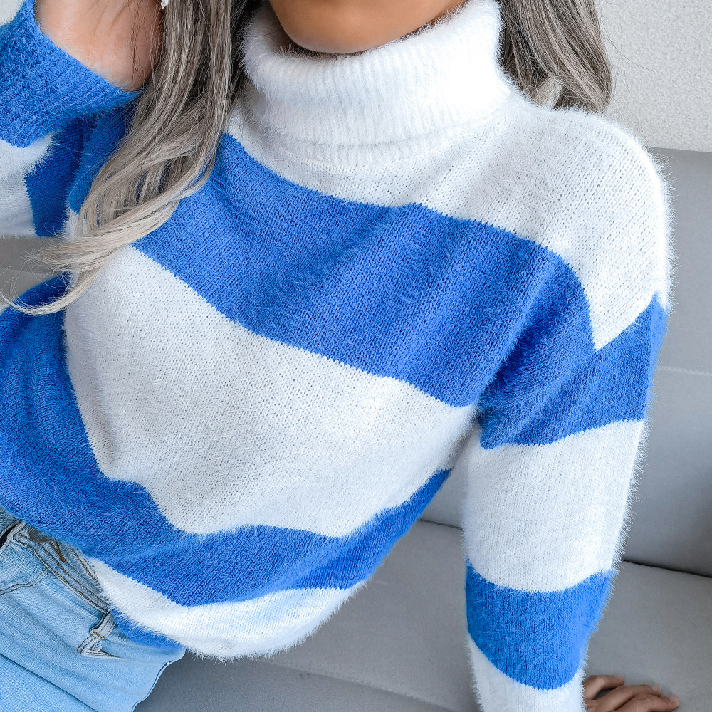 High Neck Long Sleeve Striped Mohair Knitted Jumper