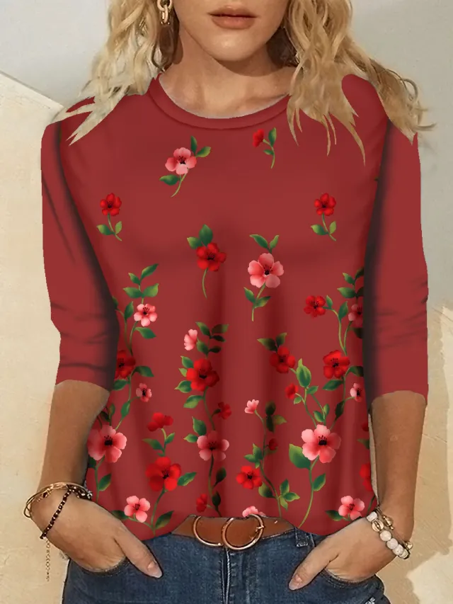 Women's Fashion Printed Crew Neck Long Sleeve T Shirt 11Small Red Flower Wine Red - Shop at LoveMi