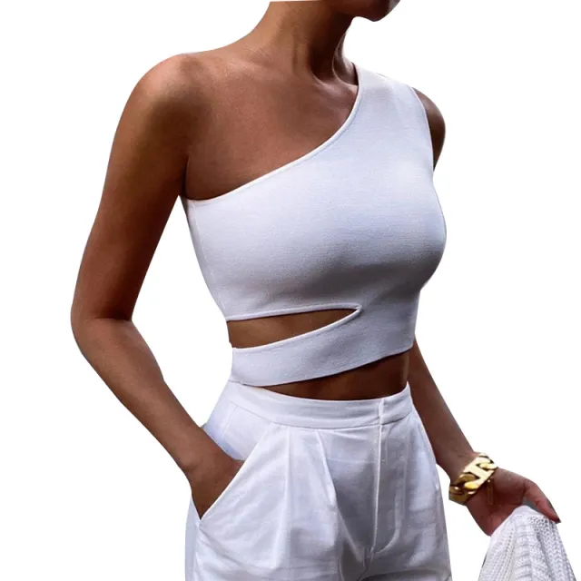 Asymmetric Hollow Sexy Vest Midriff baring Top Hollow Backless One shoulder Vest T shirt For Women White - Shop at LoveMi