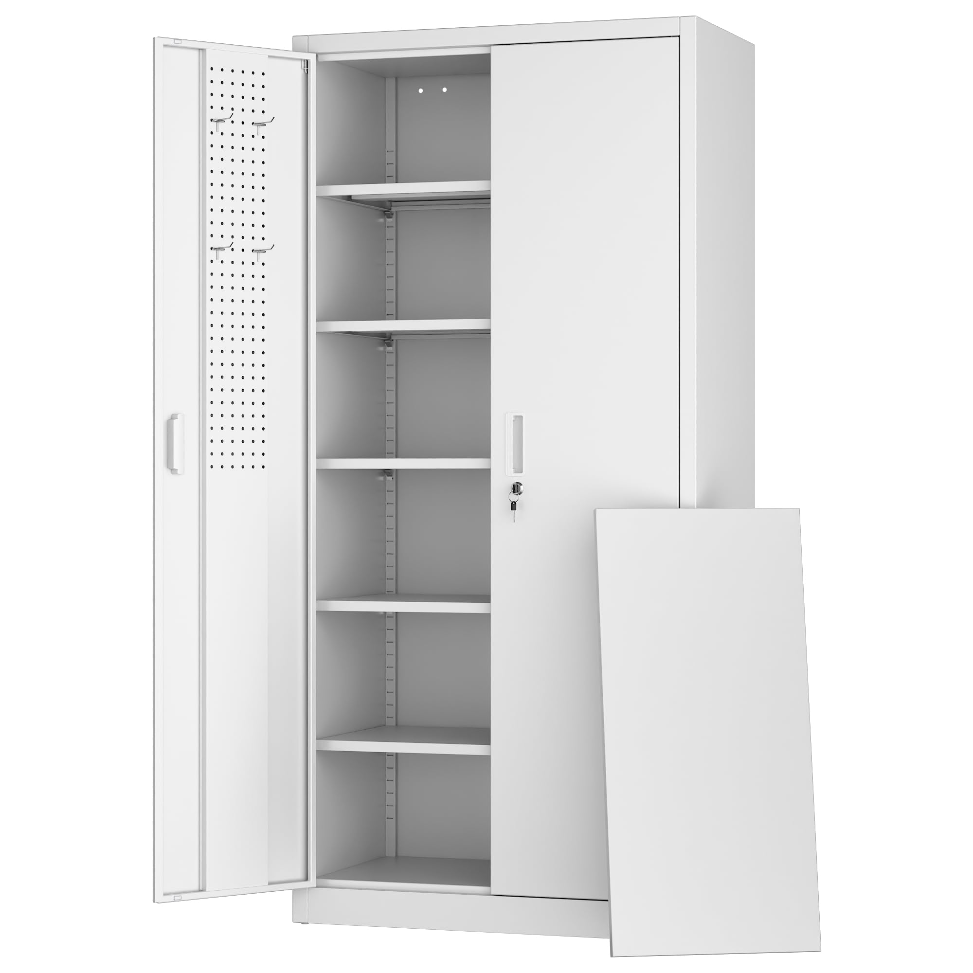 Lockable Metal Storage Cabinet With 5 Adjustable Shelves And Pegboard, 71inch H White Garage Storage Cabinet With Doors, Metal File Cabinet For Garage,Home, Office, White, Assembly Required