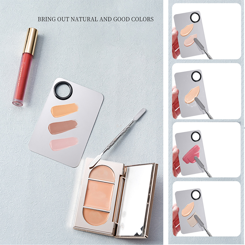 Stainless Steel Makeup Palette with Spatula, product details: Extremely rich simple sense, convenient toning, suitable for professionals and non-professionals. Stainless steel color handle: strong and smooth, distinctive modelling. Suitable for all kinds 