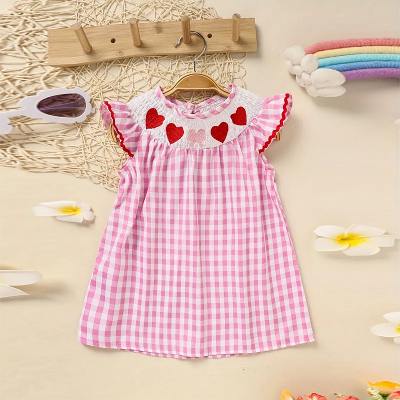 Toddler Girl's Short Sleeve Checkered Dress, Heart Embroidery & Ruffle Detail With Back Button Closure