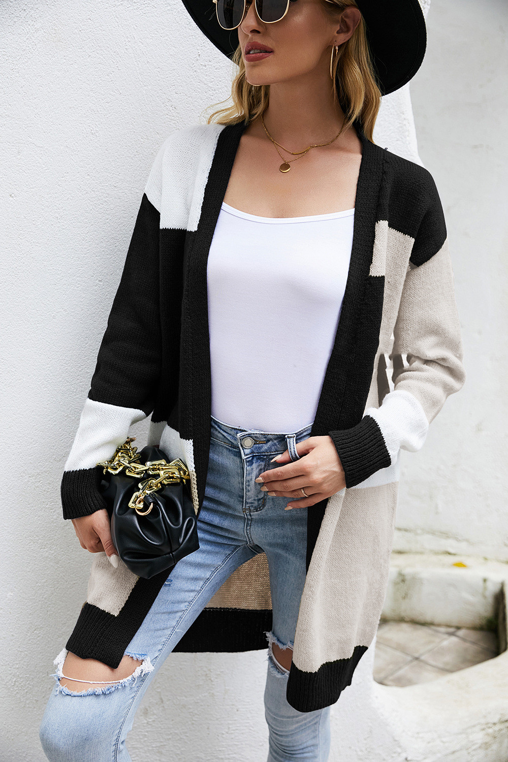 Title 5, Loose Plus Size Color Block Knitted Jacket