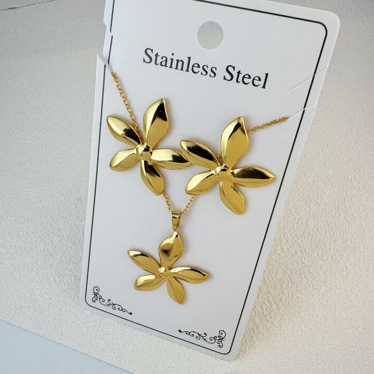 New Stainless Steel Plated 18k Gold Necklace Earring Set