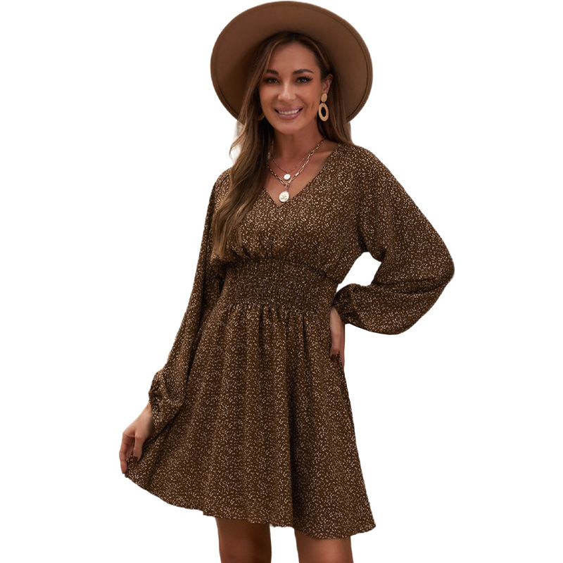 Chiffon Fitted Waist High Waist Long Sleeve Floral Dress Women