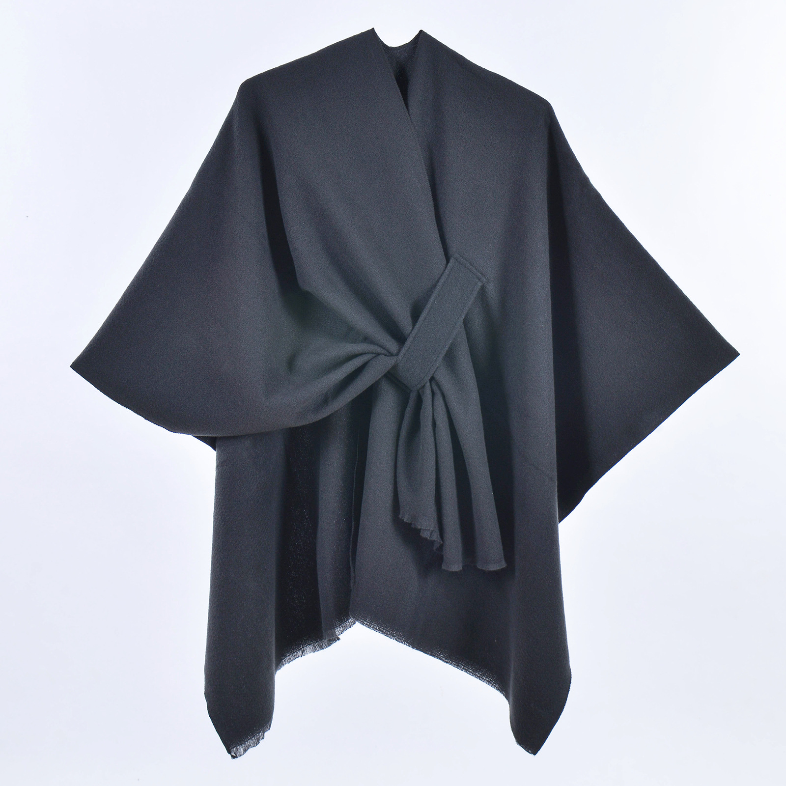 Women's Warm Autumn Winter Poncho, Minimalist Reversible Double-Sided Solid Color Split Hem Faux Cashmere Outer Shawl Cape — view 5