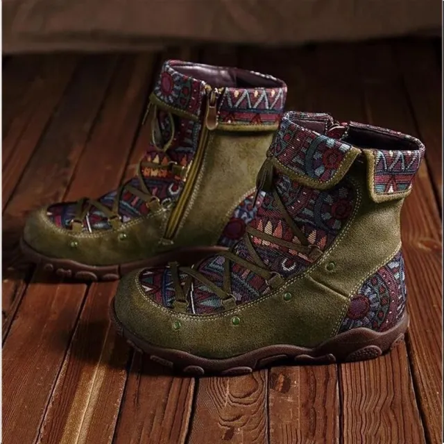 Ethnic Style Large Size Short Boots Women's Fashion Retro Side Zipper Round Head Autumn And Winter Fashion Nude Boots Green - Shop at LoveMi