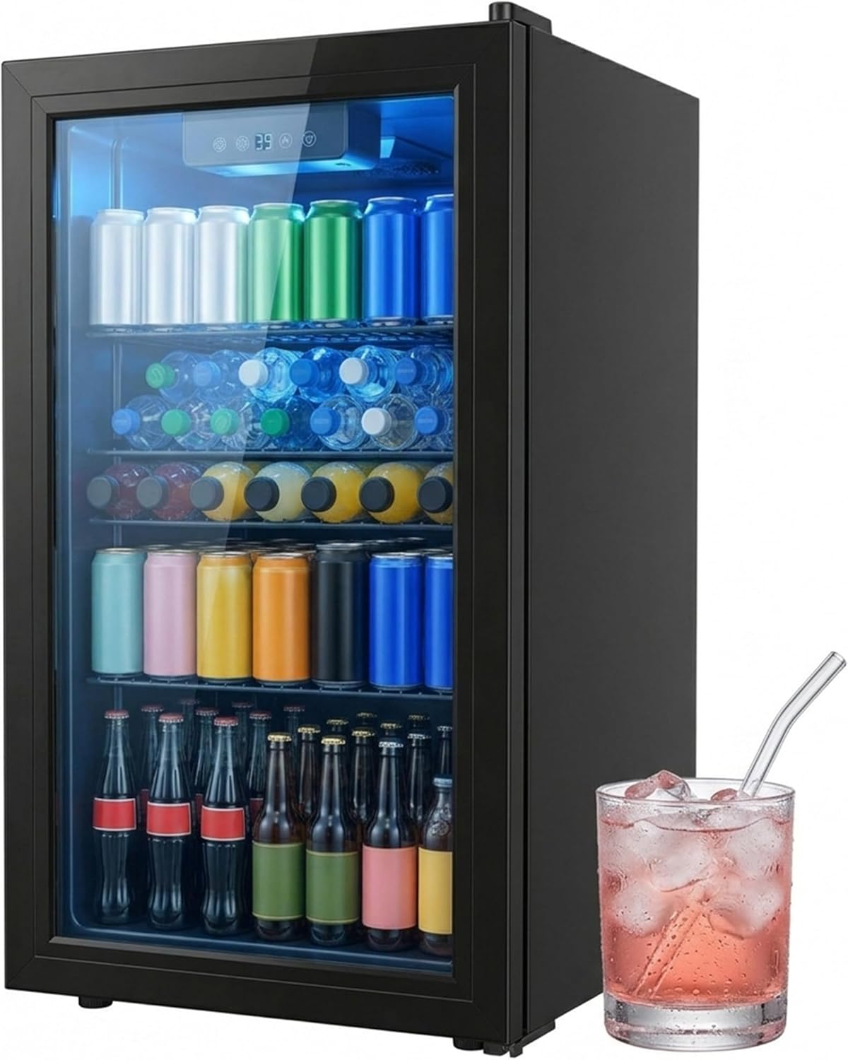 3.3 Cu Ft Beverage Refrigerator, 126 Can Mini Fridge With Glass Door, Digital Temperature Control, Quiet Beverage Cooler Fridge For Beer Soda Wine, Air Cooling For Home Office Bar