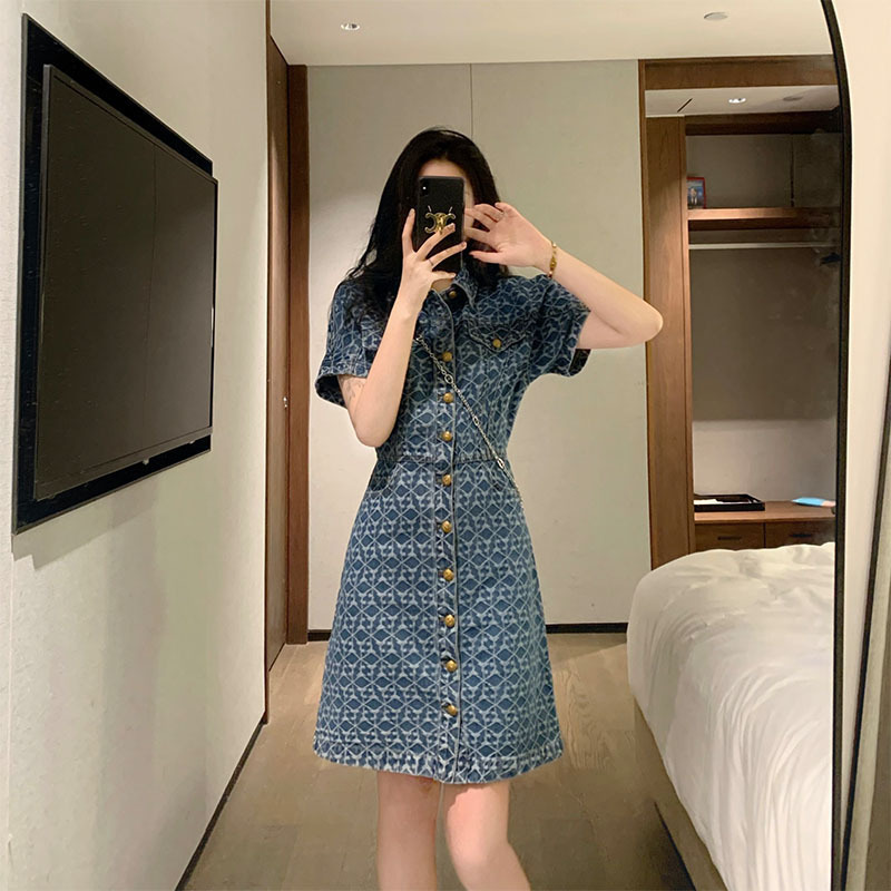 Denim Polo-Collar A-Line Dress