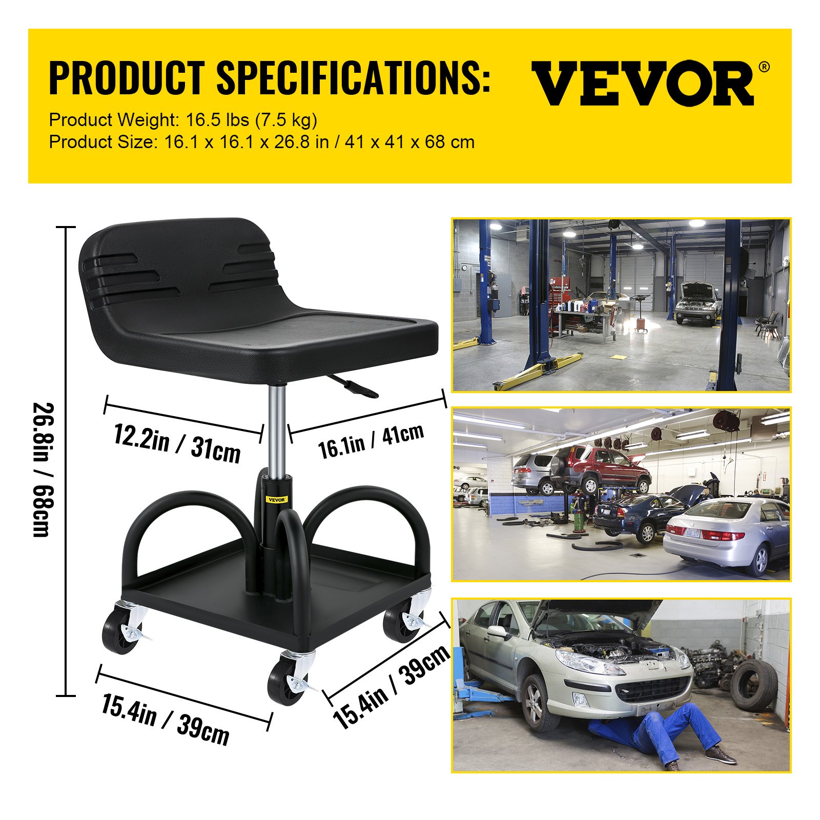 Rolling Garage Stool, 300LBS Capacity, Adjustable Height From 15.7 In To 20.5 In, Mechanic Seat With 360-degree Swivel Wheels And Tool Tray, For Workshop, Auto Repair Shop, Black