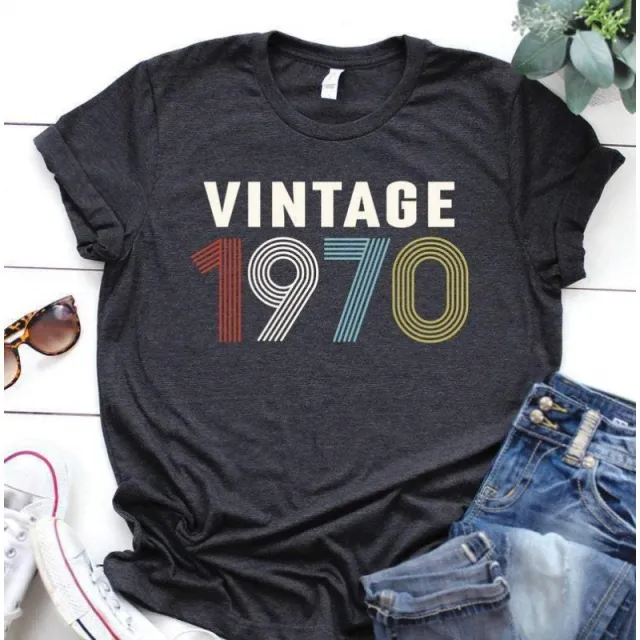 European And American Retro Color Digital Print T shirt Short sleeved Top Dark Grey1970 - Shop at LoveMi