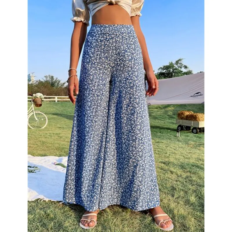 Women's Stretch High Waist Wide Leg Loose Trousers Women Beach Vacation - Blue