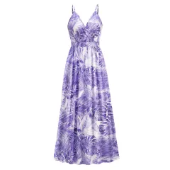 Flowers Long Dress Summer Swing Holiday Beach Dress - Purple - View 1