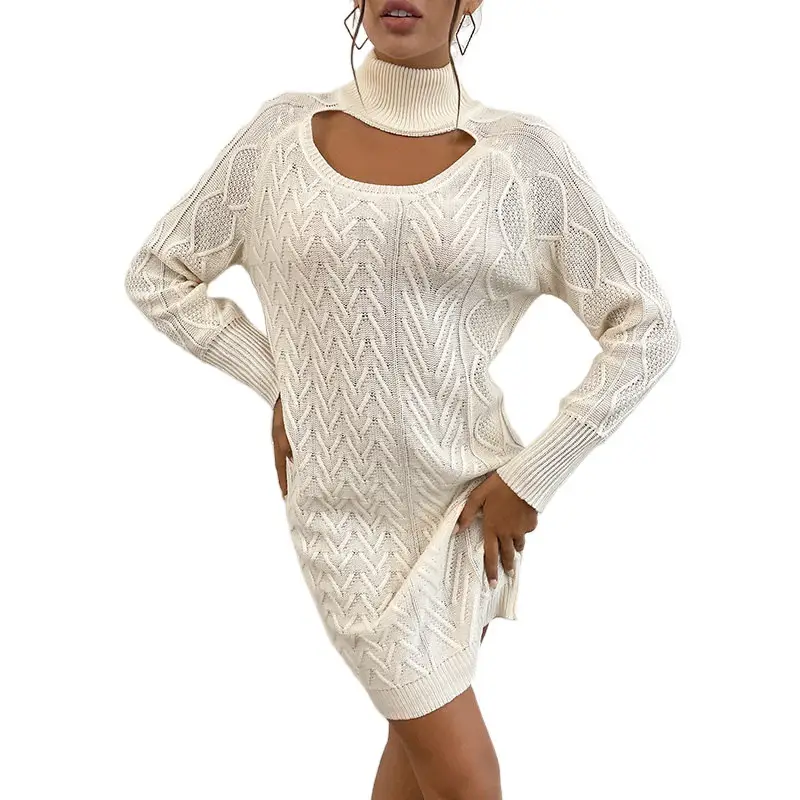 Turtleneck Hollow Solid Color Twist Sweater Dress