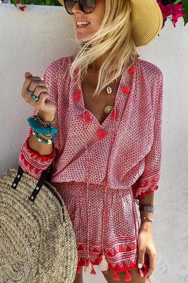 Women's Printed Casual Lace V-neck A- Line Skirt Dress